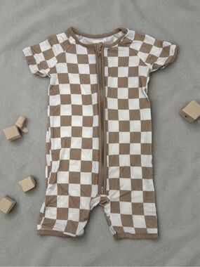 Bamboo Toddler Kids Short Sleeve Zip Romper in Beige Check 12-18 months